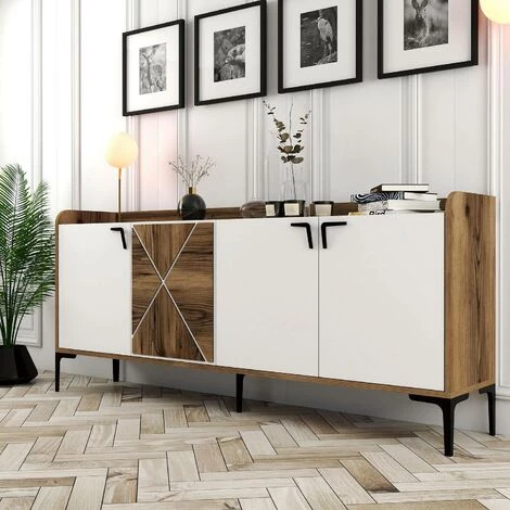 COTECOSY Buffet Bas 4 Portes Zenger 180cm Bois Naturel Et Blanc Et Métal Noir - Blanc 3 COTECOSY Buffet Bas 4 Portes Zenger 180cm Bois Naturel Et Blanc Et Métal Noir - Blanc – Image 3