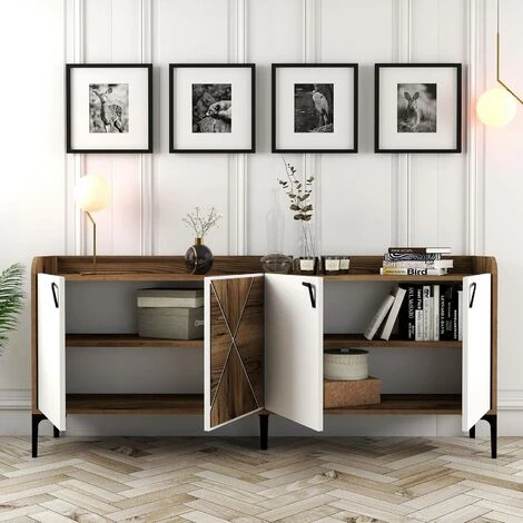 COTECOSY Buffet Bas 4 Portes Zenger 180cm Bois Naturel Et Blanc Et Métal Noir - Blanc 4 COTECOSY Buffet Bas 4 Portes Zenger 180cm Bois Naturel Et Blanc Et Métal Noir - Blanc – Image 4