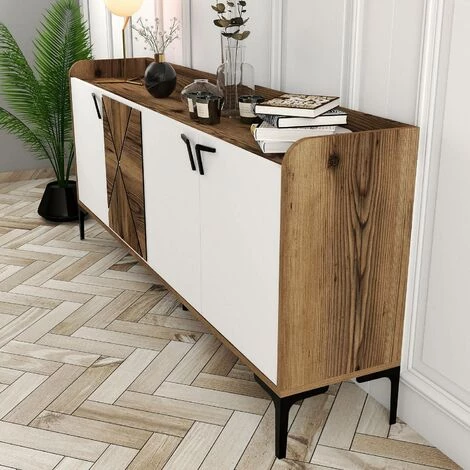 COTECOSY Buffet Bas 4 Portes Zenger 180cm Bois Naturel Et Blanc Et Métal Noir - Blanc 5 COTECOSY Buffet Bas 4 Portes Zenger 180cm Bois Naturel Et Blanc Et Métal Noir - Blanc – Image 5