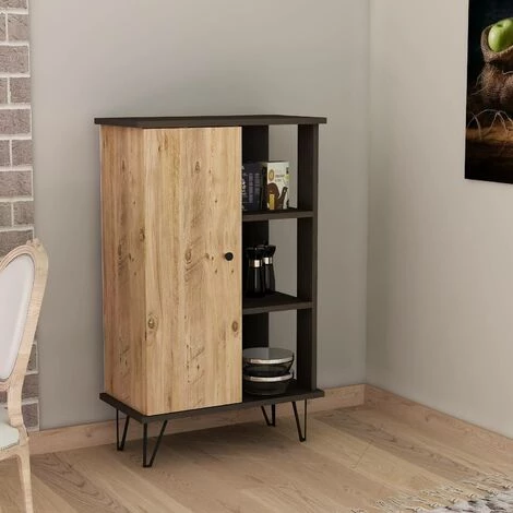 COTECOSY Buffet Haut 1 Porte Et 3 étagères Jiset L55xH80cm Bois Naturel Et Noir - Bois / Noir 1 COTECOSY Buffet Haut 1 Porte Et 3 étagères Jiset L55xH80cm Bois Naturel Et Noir - Bois / Noir