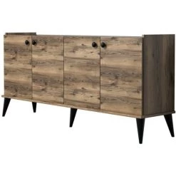 COTECOSY Buffet Bas 4 Portes Nidan 180cm Bois Et Effet Marbre Noir - Bois