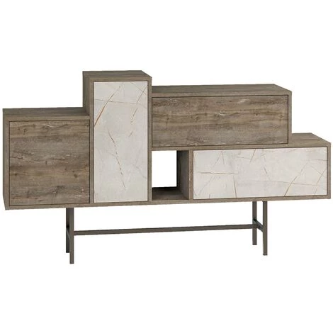 COTECOSY Buffet Bas Sylla 160cm Bois Marron Et Effet Marbre Blanc Crème - Marron 1 COTECOSY Buffet Bas Sylla 160cm Bois Marron Et Effet Marbre Blanc Crème - Marron