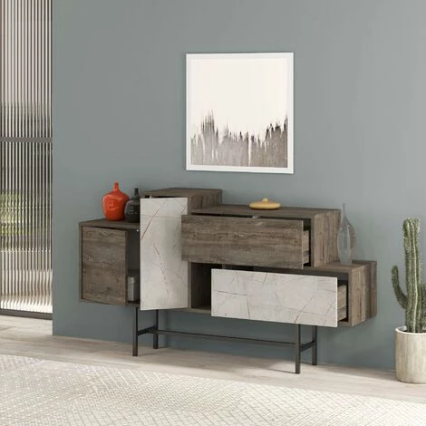 COTECOSY Buffet Bas Sylla 160cm Bois Marron Et Effet Marbre Blanc Crème - Marron 4 COTECOSY Buffet Bas Sylla 160cm Bois Marron Et Effet Marbre Blanc Crème - Marron – Image 4