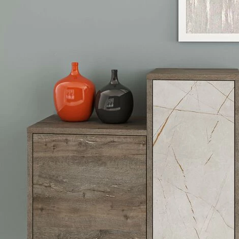 COTECOSY Buffet Bas Sylla 160cm Bois Marron Et Effet Marbre Blanc Crème - Marron 5 COTECOSY Buffet Bas Sylla 160cm Bois Marron Et Effet Marbre Blanc Crème - Marron – Image 5