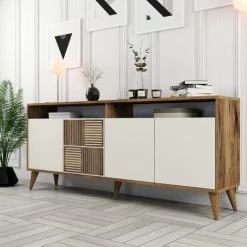 COTECOSY Buffet Bas 4 Portes Et 2 Tiroirs Kaltes L180cm Bois Naturel Et Blanc Crème - Blanc -Buffet et enfilade Soldes 59105853 3