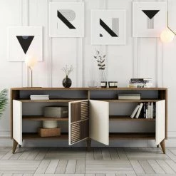 COTECOSY Buffet Bas 4 Portes Et 2 Tiroirs Kaltes L180cm Bois Naturel Et Blanc Crème - Blanc -Buffet et enfilade Soldes 59105853 4