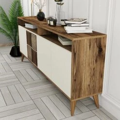 COTECOSY Buffet Bas 4 Portes Et 2 Tiroirs Kaltes L180cm Bois Naturel Et Blanc Crème - Blanc -Buffet et enfilade Soldes 59105853 5