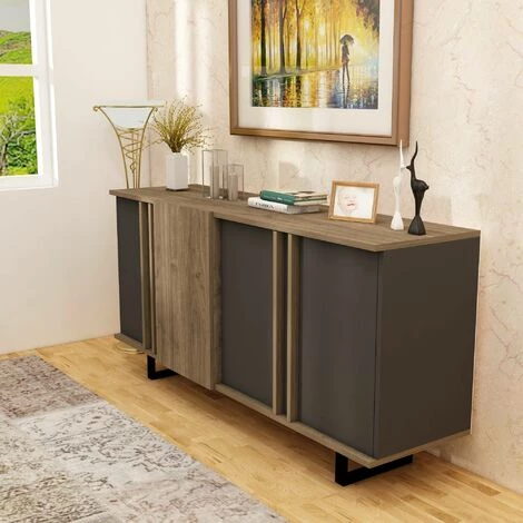 COTECOSY Buffet 4 Portes Clari 160cm Bois Naturel Et Anthracite - Bois / Gris 5 COTECOSY Buffet 4 Portes Clari 160cm Bois Naturel Et Anthracite - Bois / Gris – Image 5