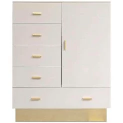 COTECOSY Buffet Haut Moderne 5 Tiroirs Et 1 Porte Nestor Taupe Clair Et Or - Taupe Clair