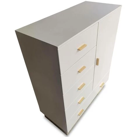 COTECOSY Buffet Haut Moderne 5 Tiroirs Et 1 Porte Nestor Taupe Clair Et Or - Taupe Clair 3 COTECOSY Buffet Haut Moderne 5 Tiroirs Et 1 Porte Nestor Taupe Clair Et Or - Taupe Clair – Image 3