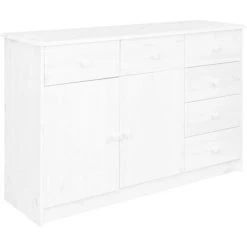 INLIFE Buffet 6 Tiroirs Blanc 113x35x73 Cm Bois De Pin Massif - Blanc