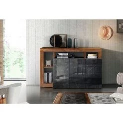 ZENZERO SHOP Buffet Moderne à 3 Portes Avec Une étagère En Finition Noyer Foncé Et Marbre Noir Poli