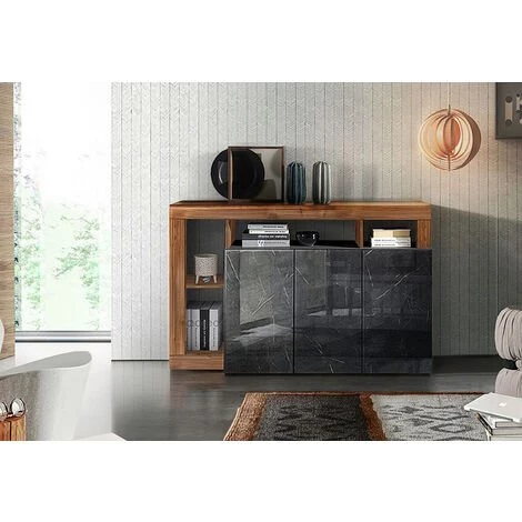 ZENZERO SHOP Buffet Moderne à 3 Portes Avec Une étagère En Finition Noyer Foncé Et Marbre Noir Poli 1 ZENZERO SHOP Buffet Moderne à 3 Portes Avec Une étagère En Finition Noyer Foncé Et Marbre Noir Poli
