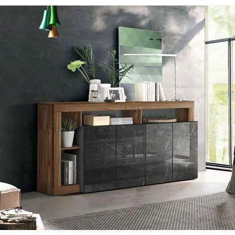 ZENZERO SHOP Buffet 4 Portes Avec Une étagère En Finition Marbre Noir Brillant Et Noyer Foncé 1 ZENZERO SHOP Buffet 4 Portes Avec Une étagère En Finition Marbre Noir Brillant Et Noyer Foncé
