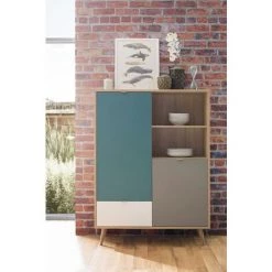 ZENZERO SHOP Buffet Haut Lavik Avec Pieds En Bois, 2 Portes 1 Tiroir, Finition Chêne, Blanc, Pétrole Et Gris