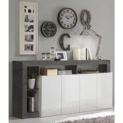 ZENZERO SHOP Buffet 4 Portes Avec Une étagère En Laqué Blanc Brillant Et Finition Oxydée