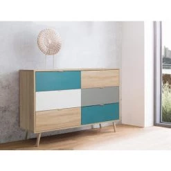 ZENZERO SHOP Buffet Lavik Avec Pieds En Bois, 6 Tiroirs, Finition Chêne, Blanc, Pétrole Et Gris