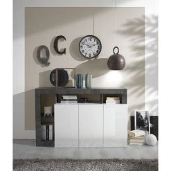 ZENZERO SHOP Buffet Moderne à 3 Portes Avec Une étagère En Finition Laqué Blanc Brillant Et Oxyde