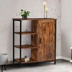 IDMARKET Buffet D'appoint 3 étagères Et Placard DAYTON Effet Vieilli Design Industriel