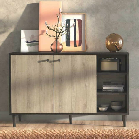 DANSMAMAISON Buffet 2 Portes 3 Niches Noir/Chêne - TYARI - Dimensions : L 110 X L 39 X H 69 Cm - Noir 1 DANSMAMAISON Buffet 2 Portes 3 Niches Noir/Chêne - TYARI - Dimensions : L 110 X L 39 X H 69 Cm - Noir