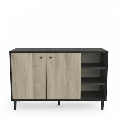 DANSMAMAISON Buffet 2 Portes 3 Niches Noir/Chêne - TYARI - Dimensions : L 110 X L 39 X H 69 Cm - Noir 2 DANSMAMAISON Buffet 2 Portes 3 Niches Noir/Chêne - TYARI - Dimensions : L 110 X L 39 X H 69 Cm - Noir – Image 2