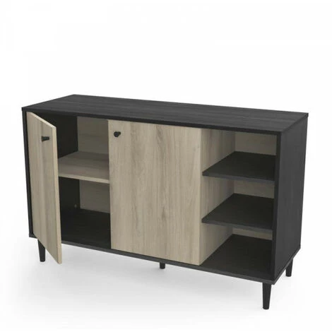 DANSMAMAISON Buffet 2 Portes 3 Niches Noir/Chêne - TYARI - Dimensions : L 110 X L 39 X H 69 Cm - Noir 3 DANSMAMAISON Buffet 2 Portes 3 Niches Noir/Chêne - TYARI - Dimensions : L 110 X L 39 X H 69 Cm - Noir – Image 3