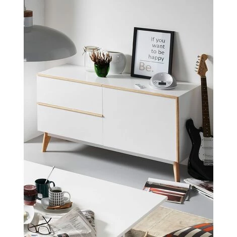 Buffet Meuble De Rangement Coloris Blanc / Naturel En Bois - Longueur 120 X Profondeur 42,5 X Hauteur 72 Cm -PEGANE- 5 Buffet Meuble De Rangement Coloris Blanc / Naturel En Bois - Longueur 120 X Profondeur 42,5 X Hauteur 72 Cm -PEGANE- – Image 5