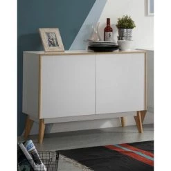 Buffet Meuble De Rangement Coloris Blanc / Naturel En Bois - Longueur 90 X Profondeur 42,5 X Hauteur 72 Cm -PEGANE- -Buffet et enfilade Soldes 59741973 5