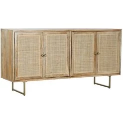 Buffet Meuble De Rangement En Bois De Manguier Et Rotin Coloris Naturel - Longueur 150 X Hauteur 77 X Profondeur 40 Cm -PEGANE-