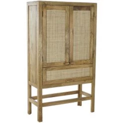 Buffet Haut Meuble De Rangement En Bois De Manguier Marron Foncé Et Rotin Coloris Naturel - Longueur 90 X Hauteur 160 X Profondeur 40 Cm -PEGANE-