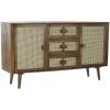 Buffet Meuble De Rangement En Bois De Manguier Marron Foncé Et Rotin Coloris Naturel - Longueur 150 X Hauteur 86 X Profondeur 40.5 Cm -PEGANE-