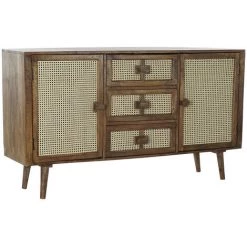 Buffet Meuble De Rangement En Bois De Manguier Marron Foncé Et Rotin Coloris Naturel - Longueur 150 X Hauteur 86 X Profondeur 40.5 Cm -PEGANE-