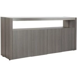 Buffet Meuble De Rangement En Bois Chêne , Aluminium Et Verre Coloris Gris - Longueur 165 X Hauteur 76 X Profondeur 39 Cm -PEGANE-