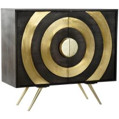 Buffet Haut Meuble De Rangement En Bois De Manguier Et Laiton Coloris Noir Et Doré - Longueur 102 X Hauteur 91 X Profondeur 40 Cm -PEGANE-