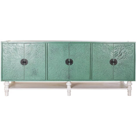 Buffet Meuble De Rangement En Bois Coloris Turquoise/blanc - Longueur 200 X Hauteur 85 X Profondeur 55 Cm -PEGANE- 2 Buffet Meuble De Rangement En Bois Coloris Turquoise/blanc - Longueur 200 X Hauteur 85 X Profondeur 55 Cm -PEGANE- – Image 2