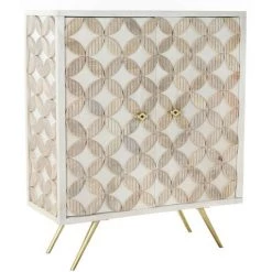 Buffet Haut Meuble De Rangement En Bois De Manguier Et Laiton Coloris Blanc Et Doré - Longueur 93 X Hauteur 114 X Profondeur 41 Cm -PEGANE-