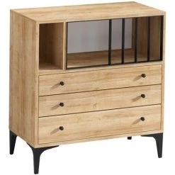 COTECOSY Buffet Haut 3 Tiroirs Et Compartiments Castel H86cm Chêne Clair - Chêne Clair