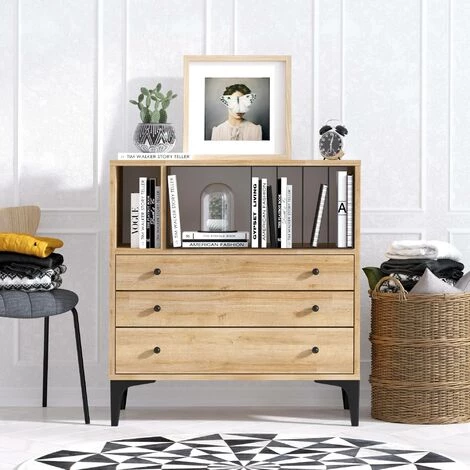 COTECOSY Buffet Haut 3 Tiroirs Et Compartiments Castel H86cm Chêne Clair - Chêne Clair 2 COTECOSY Buffet Haut 3 Tiroirs Et Compartiments Castel H86cm Chêne Clair - Chêne Clair – Image 2