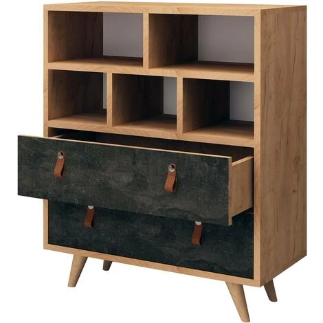 COTECOSY Buffet Haut Corday H85,6cm Chêne Clair Et Effet Béton Noir - Chêne Clair 2 COTECOSY Buffet Haut Corday H85,6cm Chêne Clair Et Effet Béton Noir - Chêne Clair – Image 2