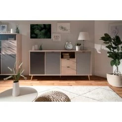 ZENZERO SHOP Buffet Rosvik Avec 3 Portes Et 2 Tiroirs En Finition Gris Soie, Gris Perle Et Anthracite