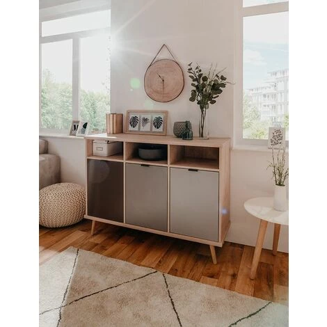 ZENZERO SHOP Buffet Rosvik Avec 3 Compartiments Et 2 Tiroirs En Finition Gris Soie, Gris Perle Et Anthracite 1 ZENZERO SHOP Buffet Rosvik Avec 3 Compartiments Et 2 Tiroirs En Finition Gris Soie, Gris Perle Et Anthracite