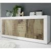 DANSMAMAISON Buffet Moderne 2 Portes En Bois Blanc Laqué Brillant/Bois Fumé - MILAN - L 210 X L 43 X H 86 Cm - Bois