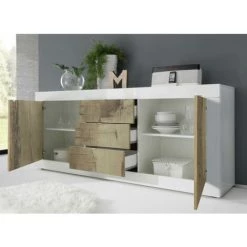DANSMAMAISON Buffet Moderne 2 Portes En Bois Blanc Laqué Brillant/Bois Fumé - MILAN - L 210 X L 43 X H 86 Cm - Bois -Buffet et enfilade Soldes 59819129 2