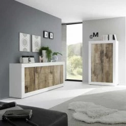 DANSMAMAISON Buffet Moderne 2 Portes En Bois Blanc Laqué Brillant/Bois Fumé - MILAN - L 210 X L 43 X H 86 Cm - Bois -Buffet et enfilade Soldes 59819129 3