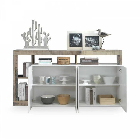 DANSMAMAISON Buffet Moderne En Bois 4 Portes Blanc Laqué Brillant/Bois Fumé - POSITANO - L 184 X L 42 X H 93 Cm - Bois 2 DANSMAMAISON Buffet Moderne En Bois 4 Portes Blanc Laqué Brillant/Bois Fumé - POSITANO - L 184 X L 42 X H 93 Cm - Bois – Image 2