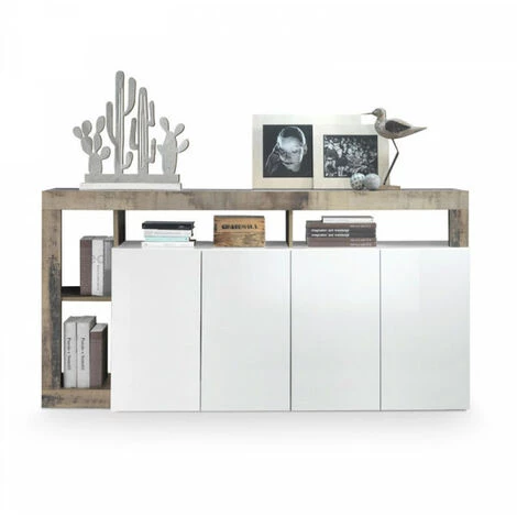 DANSMAMAISON Buffet Moderne En Bois 4 Portes Blanc Laqué Brillant/Bois Fumé - POSITANO - L 184 X L 42 X H 93 Cm - Bois 5 DANSMAMAISON Buffet Moderne En Bois 4 Portes Blanc Laqué Brillant/Bois Fumé - POSITANO - L 184 X L 42 X H 93 Cm - Bois – Image 5