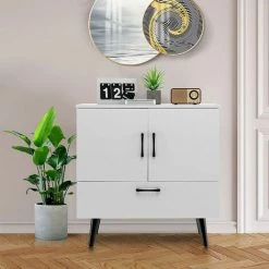 COSTWAY Buffet Bas Meuble De Rangement Industriel 2 Portes 1 Tiroir Pour Salon, Salle à Manger, Entrée, 76x40x78 Cm, Blanc