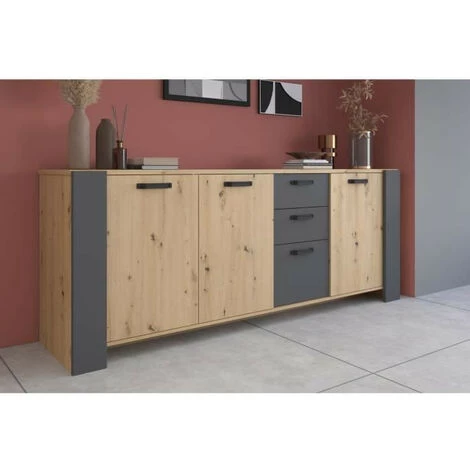 Buffet LOFT - Décor Chene Artisan Et Mélamine Gris Ombre - 3 Portes Et 3 Tiroirs - L 220 X P 52 X H 86.5 Cm - PARISOT 2 Buffet LOFT - Décor Chene Artisan Et Mélamine Gris Ombre - 3 Portes Et 3 Tiroirs - L 220 X P 52 X H 86.5 Cm - PARISOT – Image 2