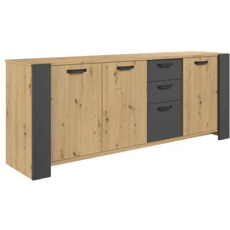 Buffet LOFT - Décor Chene Artisan Et Mélamine Gris Ombre - 3 Portes Et 3 Tiroirs - L 220 X P 52 X H 86.5 Cm - PARISOT 4 Buffet LOFT - Décor Chene Artisan Et Mélamine Gris Ombre - 3 Portes Et 3 Tiroirs - L 220 X P 52 X H 86.5 Cm - PARISOT – Image 4