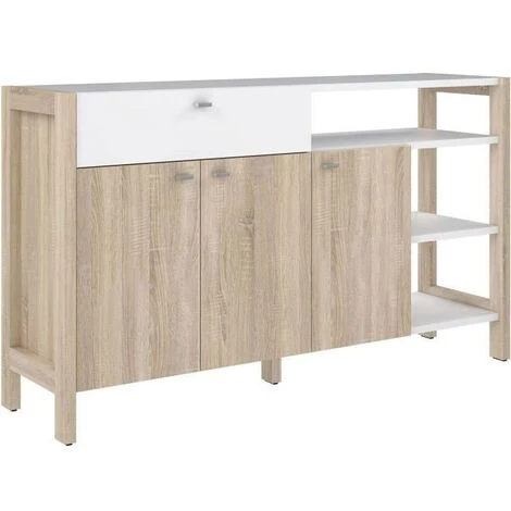 AUTRES Buffet HOYVIK 3 Portes- 2 Tablettes, 1 Tioir, 3 Niches - 155,7 Cm - Décor Chene Sonoma Combiné Avec Du Blanc Mat - Poignées E 1 AUTRES Buffet HOYVIK 3 Portes- 2 Tablettes, 1 Tioir, 3 Niches - 155,7 Cm - Décor Chene Sonoma Combiné Avec Du Blanc Mat - Poignées E